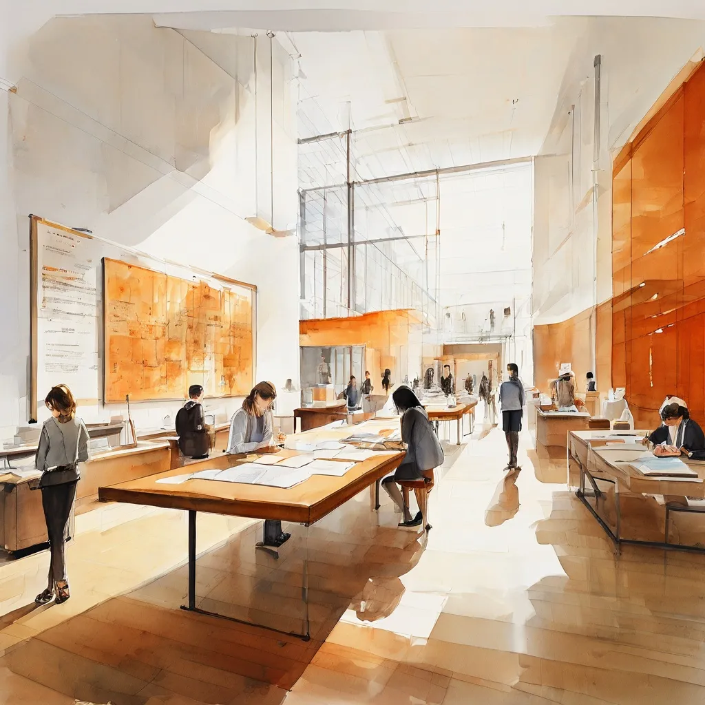 The modern interior of the BRON research centre at Musea Brugge, featuring workspaces and a scholarly environment.