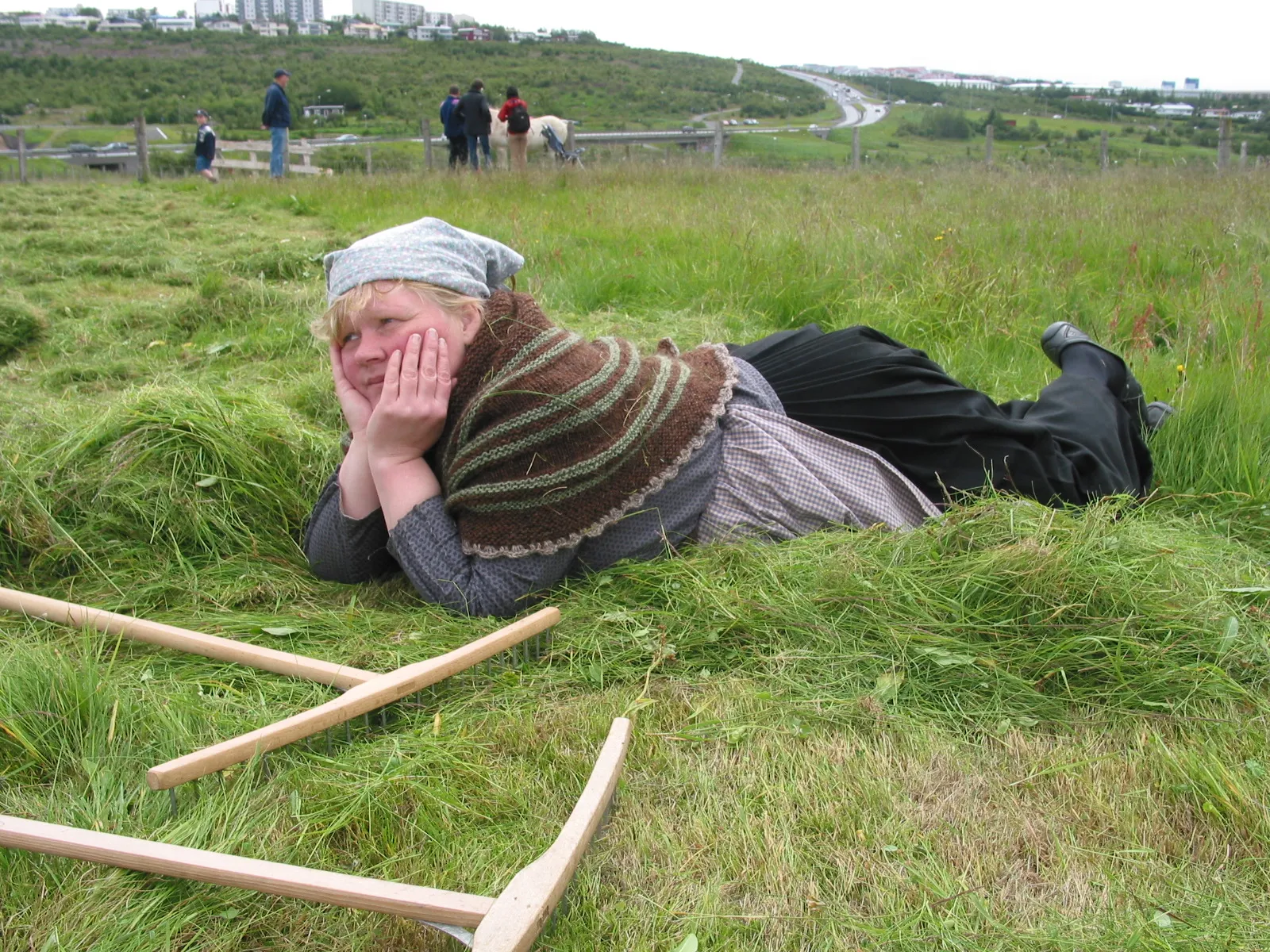 Costumed interpreter resting in a grassy field near wooden haymaking tools at Árbær Open Air Museum, with visitors and a horse in the distance.