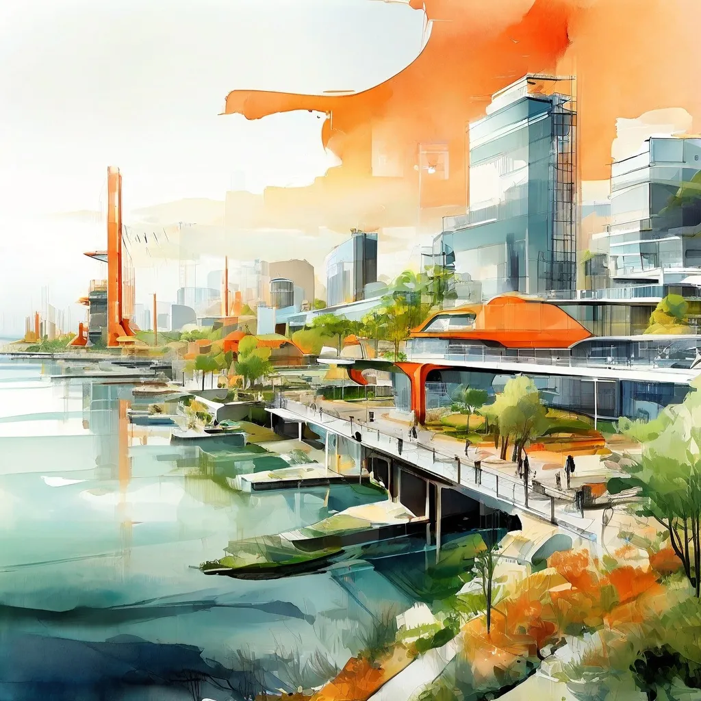Una representación arquitectónica que muestra defensas innovadoras contra inundaciones y diseño urbano sostenible a lo largo de un canal, simbolizando el enfoque de ARCAM en la preparación para riesgos futuros en el área del Canal del Mar del Norte para su tema de 2025.