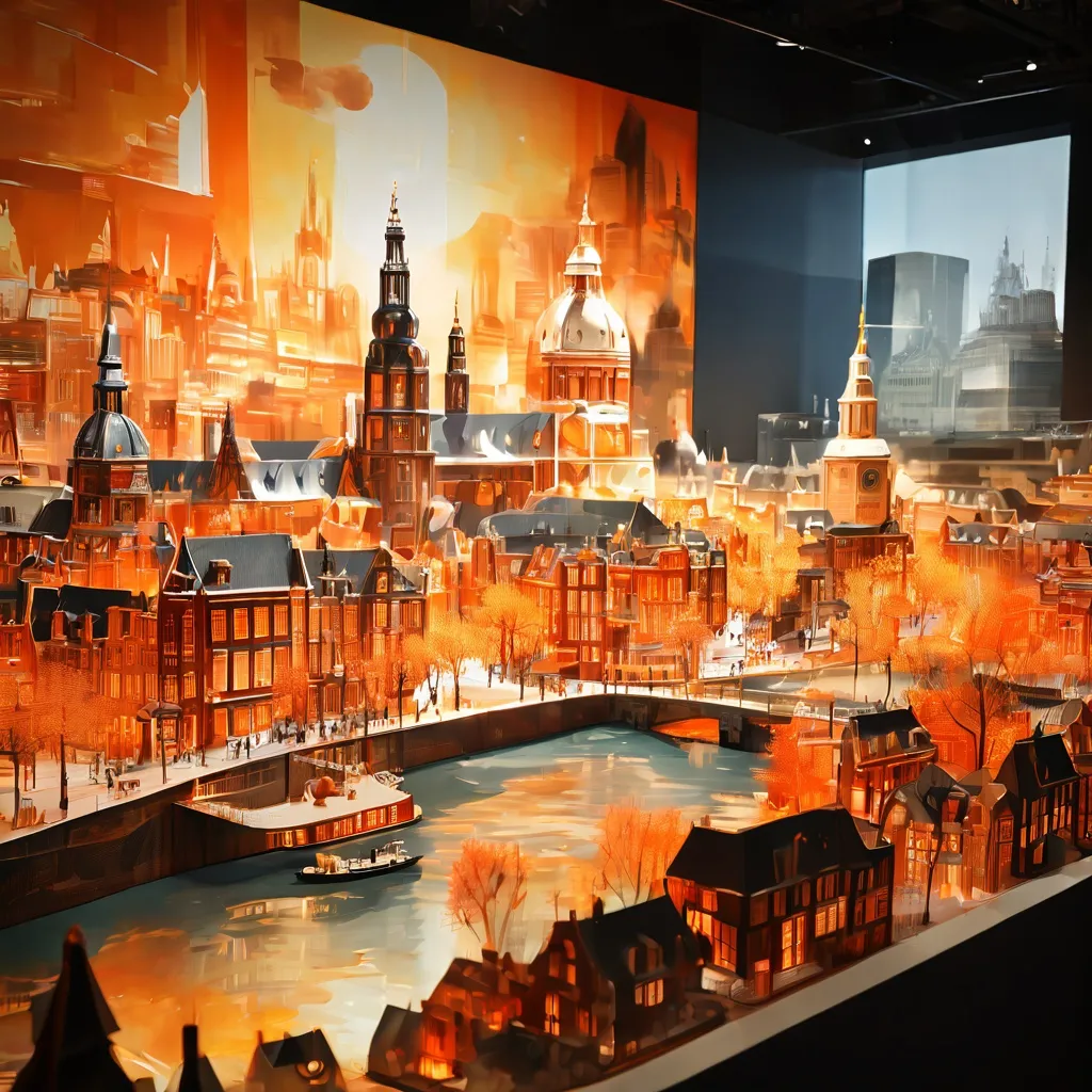Una vista panorámica vibrante de una maqueta arquitectónica muy detallada de Ámsterdam, con edificios modernos e históricos iluminados con pantallas de luz interactivas, que representan los 750 años de historia de la ciudad y la planificación urbana futura.