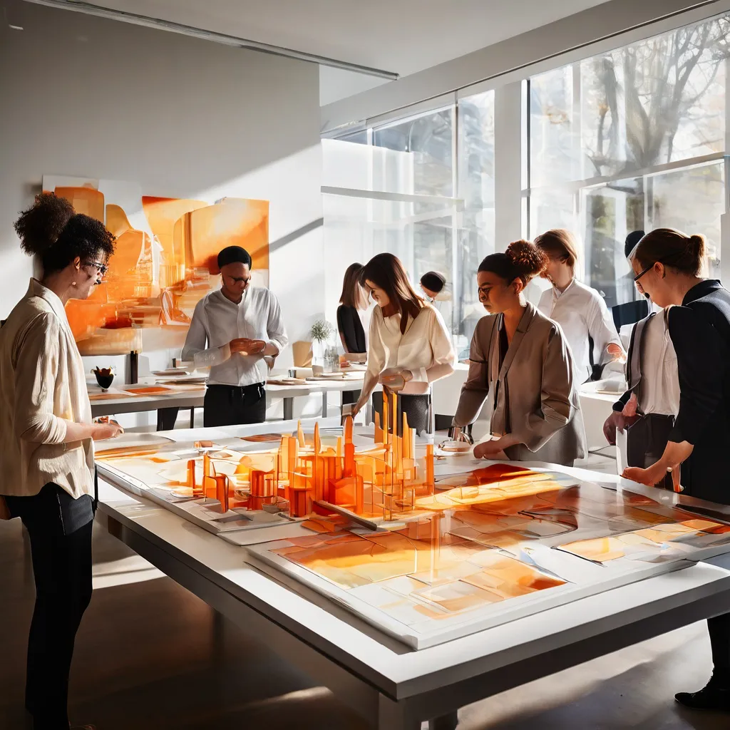 Un grupo diverso de profesionales en una galería moderna, examinando maquetas arquitectónicas, representando al jurado del Premio de Arquitectura de Ámsterdam.