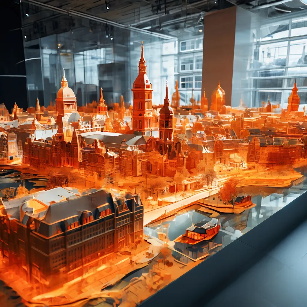 Una detallada maqueta arquitectónica de Ámsterdam, que muestra una mezcla de edificios históricos y futuristas, expuesta en un moderno entorno interior.