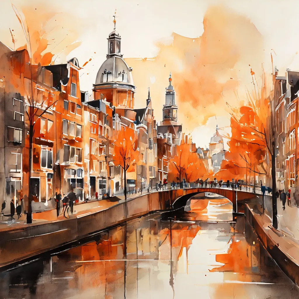 A vibrant digital painting showcasing the diverse architecture of Amsterdam, from historical to contemporary, with a subtle visual cue of a marathon path winding through the city, representing ARCAM's architectural highlights tour.