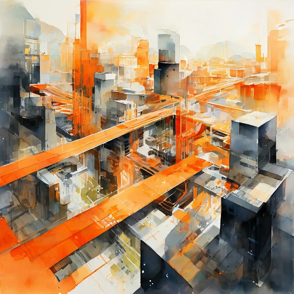 Una representación arquitectónica abstracta y moderna de un paisaje urbano con líneas y nodos interconectados, que simboliza el diseño espacial, la planificación y el diálogo colaborativo dentro de un contexto regional en el Centro de Arquitectura de Ámsterdam (ARCAM).