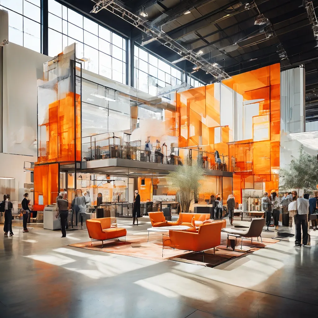 Tętniąca życiem scena w dużej hali przemysłowej, z nowoczesnymi stoiskami architektonicznymi i grupami profesjonalistów z branży projektowej prowadzącymi rozmowy, reprezentującymi wydarzenie Architect@Work w Amsterdamse Centrum voor Architectuur.