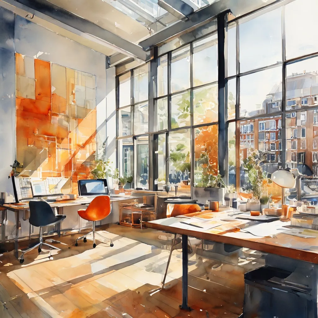 A contemporary architectural studio interior with design plans and collaborative spaces, representing the partnership between ARCAM and De Zwarte Hond in Amsterdam.