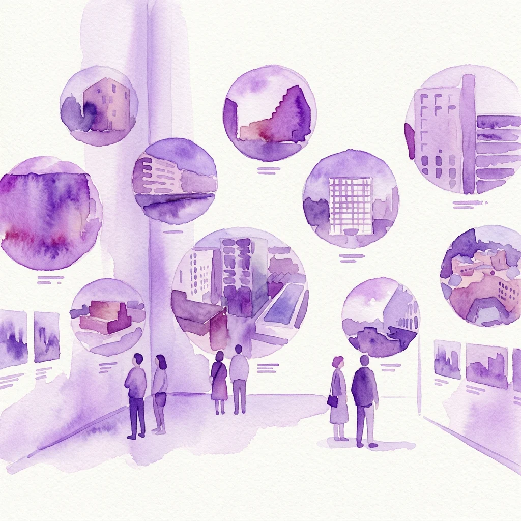 Ilustración en acuarela de una exposición de arquitectura moderna con exhibiciones circulares de maquetas de edificios y fotografías, con visitantes observando las nominaciones al Premio de Arquitectura de Ámsterdam 2024 en un espacio de galería minimalista.