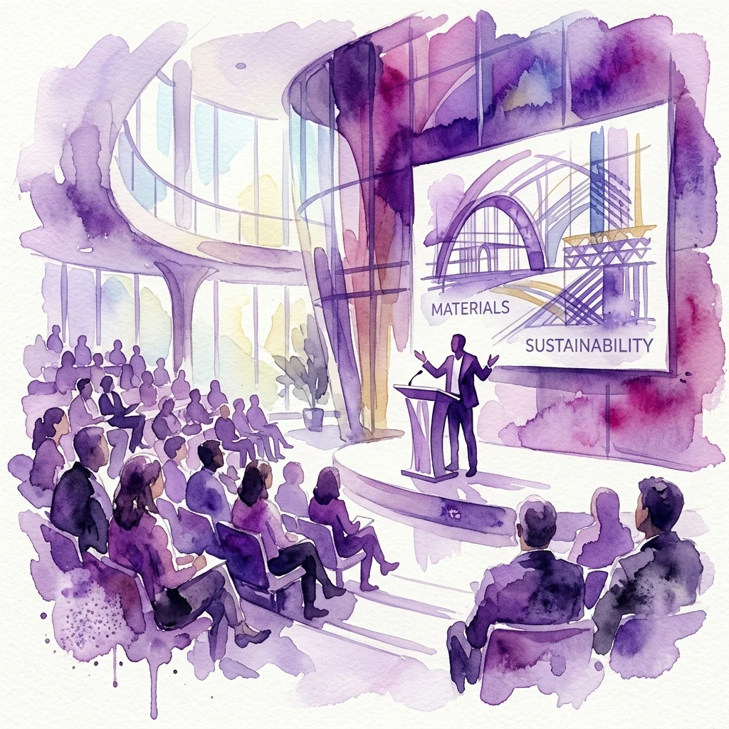 Ilustración en acuarela de una conferencia de arquitectura sobre materiales y sostenibilidad, con un orador en un podio dirigiéndose a una audiencia en un auditorio moderno.