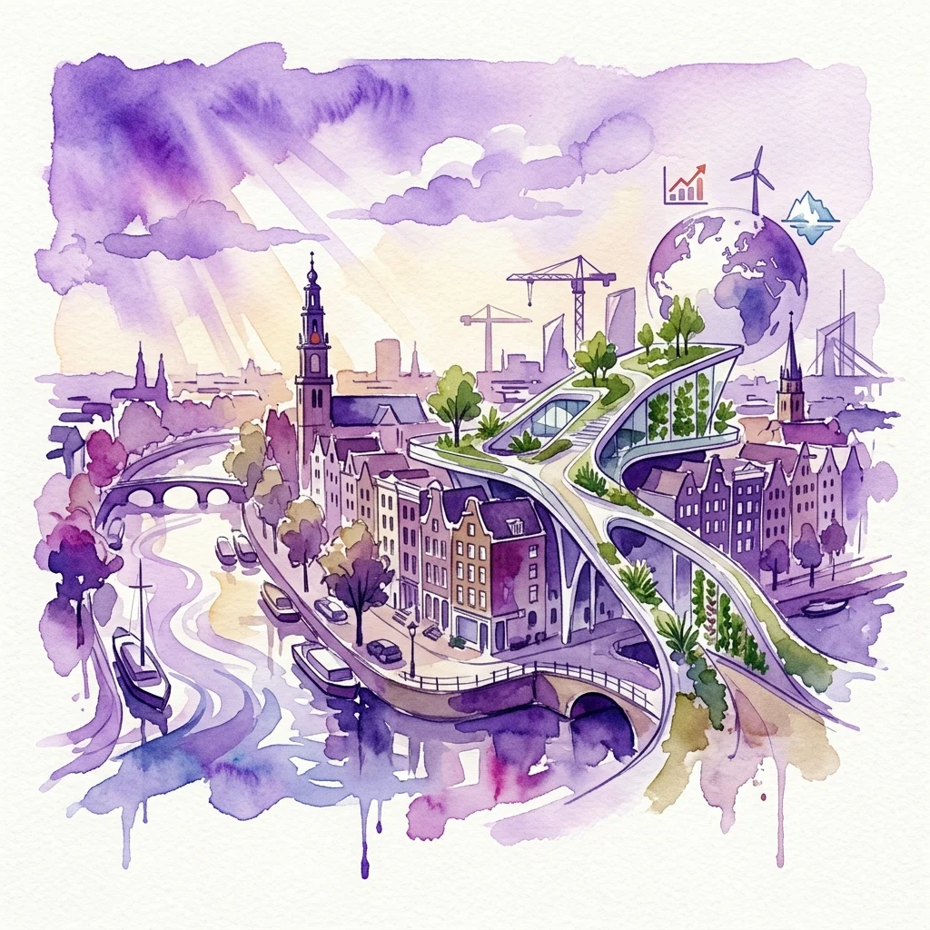 A watercolor illustration of Amsterdam's skyline with modern architecture, green rooftops, and symbols of the Anthropocene like a globe, wind turbines, and rising sea levels, representing sustainable design in urban landscapes.