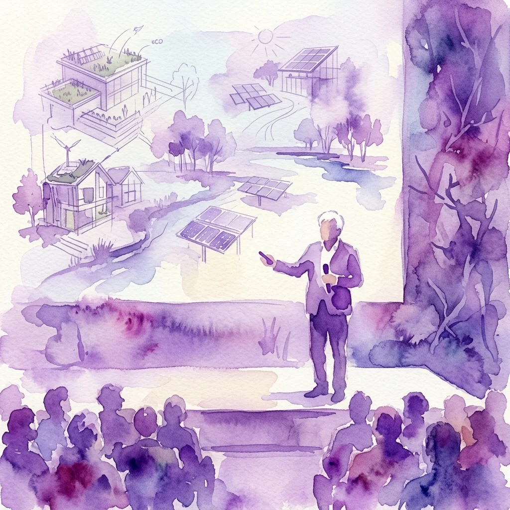 Una ilustración en acuarela de un salón de conferencias con un orador en el escenario, presentando a una audiencia. Detrás del orador, una proyección muestra diagramas arquitectónicos de edificios sostenibles, paneles solares y techos verdes, reflejando temas de diseño ambiental y el Antropoceno.