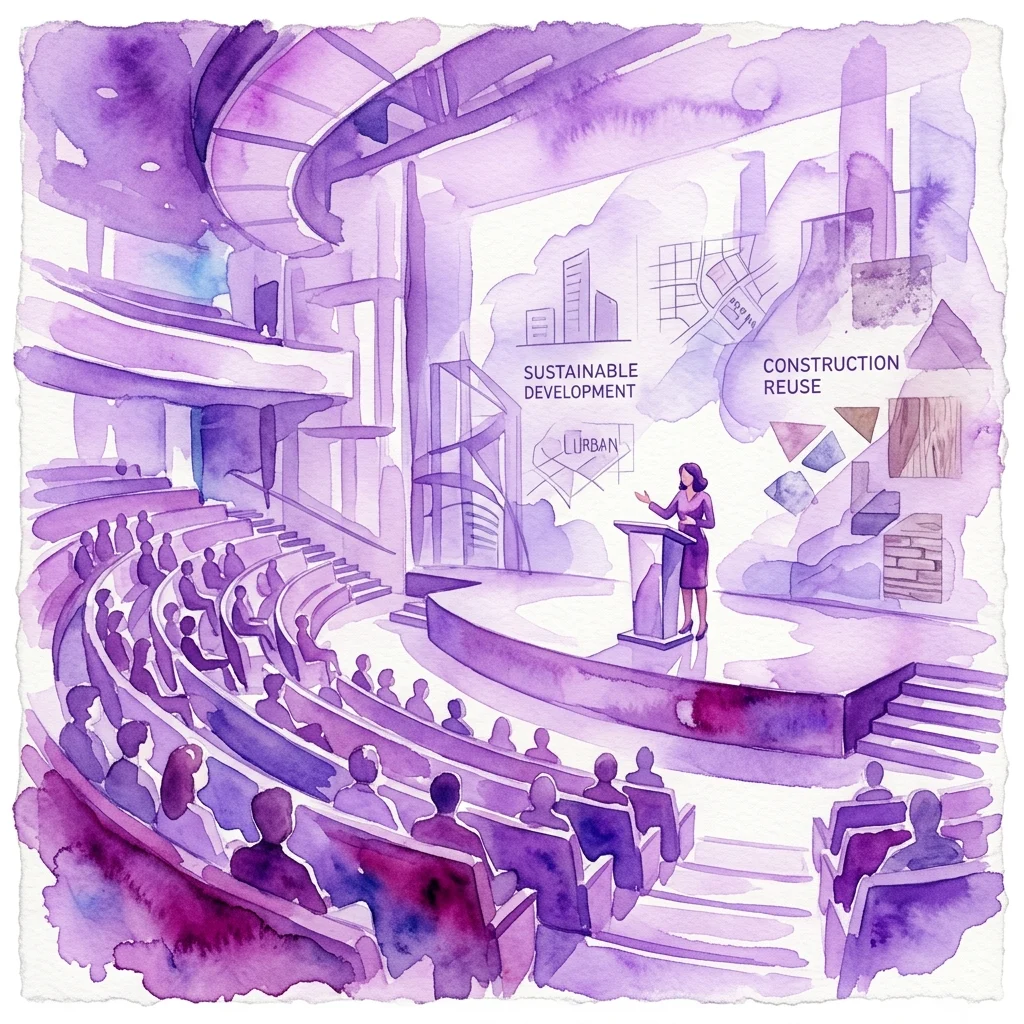 A watercolor illustration of a lecture hall with a speaker at a podium discussing sustainable development and construction reuse, with architectural diagrams and material samples in the background.