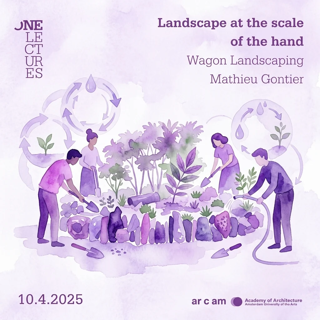 Illustratie van mensen die een kleinschalig landschap bouwen met gerecyclede materialen, gereedschap en planten, die duurzame ontwerpconcepten vertegenwoordigen uit de lezing van Wagon Landscaping door Mathieu Gontier.