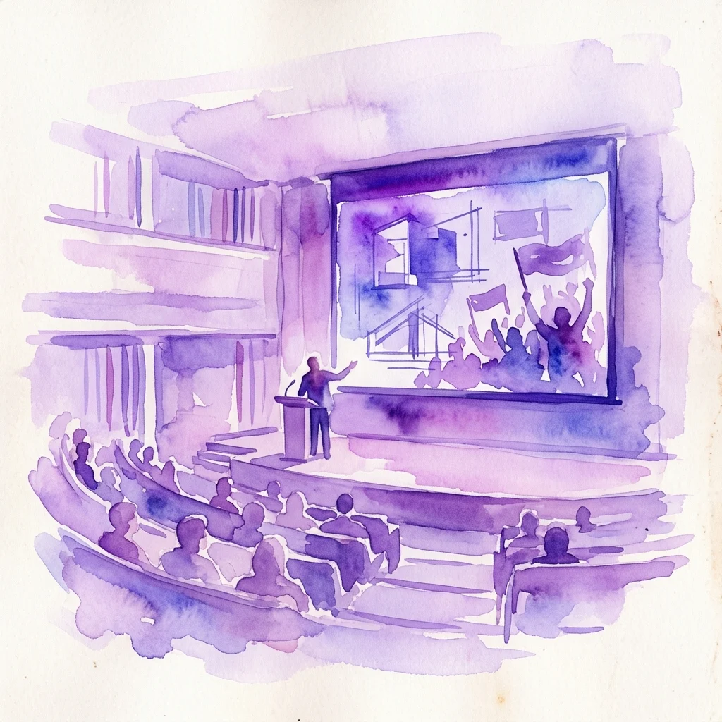 Een aquarelillustratie van een collegezaal met een spreker bij een lessenaar, die presenteert aan een publiek. Een groot scherm toont architectonische diagrammen en protestbeelden, wat intellectuele betrokkenheid bij burgerlijke ongehoorzaamheid overbrengt.