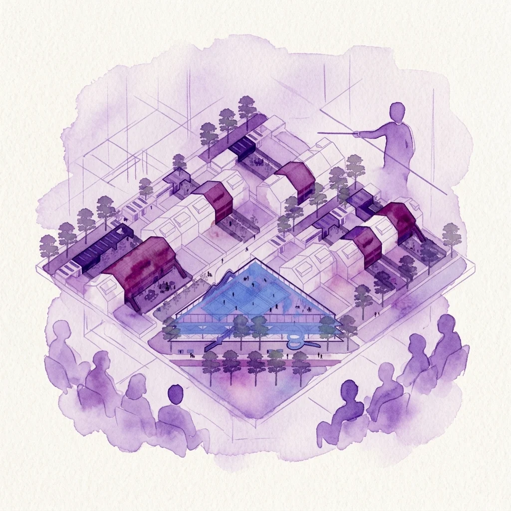 A purple watercolor illustration of a lecture hall with a speaker presenting an architectural concept, surrounded by an audience and featuring a central courtyard with buildings and trees.