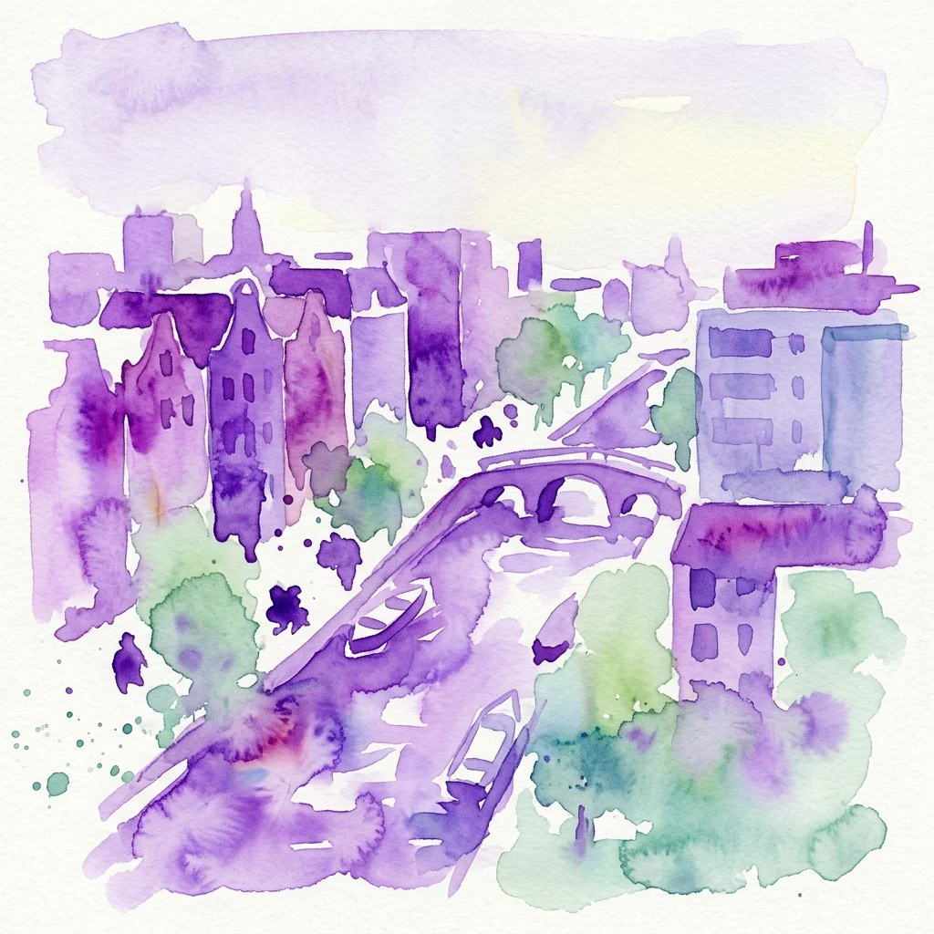 Ilustracja akwarelowa amsterdamskiej dzielnicy Czaar Peterbuurt i parku Funenpark, przedstawiająca budynki w odcieniach fioletu, tereny zielone, kanały i most, podkreślająca architektoniczną mieszankę okolicy.