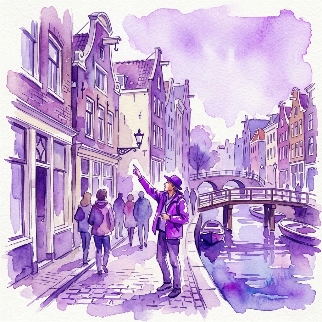 Una ilustración en acuarela de un guía turístico a pie en el distrito de Jordaan de Ámsterdam, señalando detalles arquitectónicos en edificios históricos a lo largo de un canal con un puente al fondo.
