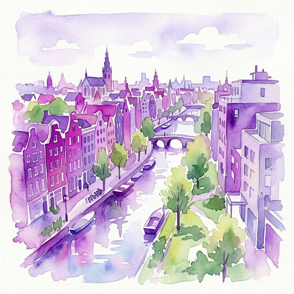 Ilustracja akwarelowa amsterdamskiej dzielnicy Plantagebuurt, przedstawiająca zabytkowe kamienice nad kanałem, nowoczesne budynki i zielone tereny parkowe wzdłuż kanału pod miękkim, fioletowym niebem.