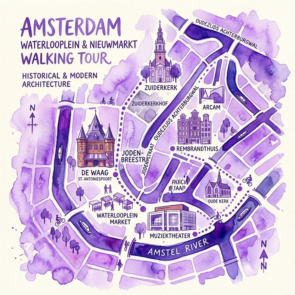 Mapa akwarelowy dzielnic Waterlooplein i Nieuwmarkt w Amsterdamie pokazujący trasę spacerową z kluczowymi zabytkami, takimi jak Zuidkerk, De Waag i Muziektheater, podkreślający historyczną i nowoczesną architekturę.
