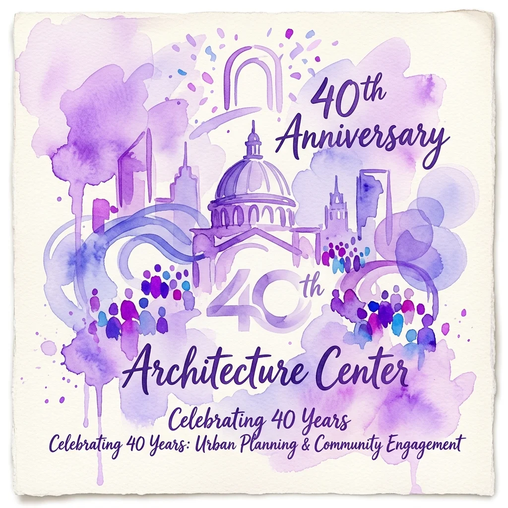 Ilustracja akwarelowa celebrująca 40. rocznicę Centrum Architektury, przedstawiająca panoramę miasta z kopułą, zarysami budynków i ludźmi, z tekstem podkreślającym planowanie urbanistyczne i zaangażowanie społeczne.