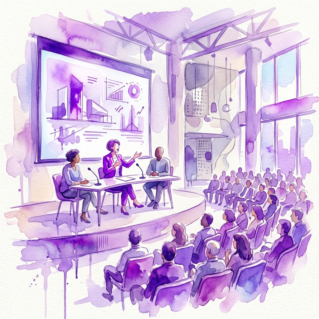 Ilustración en acuarela de un panel de discusión en Pakhuis de Zwijger, con tres ponentes en el escenario presentando conceptos arquitectónicos a una audiencia, como parte de AAP 2026 Gesprek #1 sobre 'Daring Commissioning'.