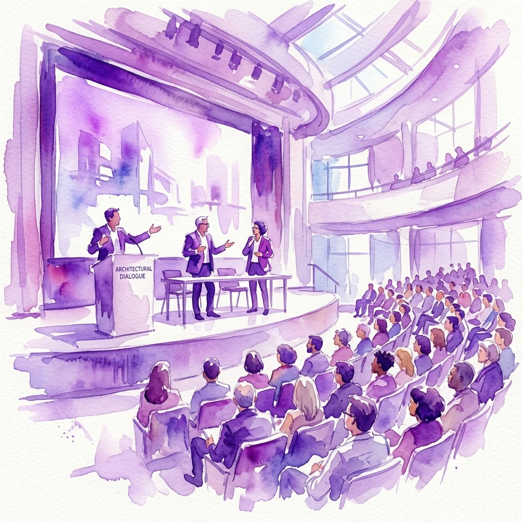 A watercolor illustration of a panel discussion in a modern auditorium, with three speakers on stage and an audience seated, themed around architectural dialogue.