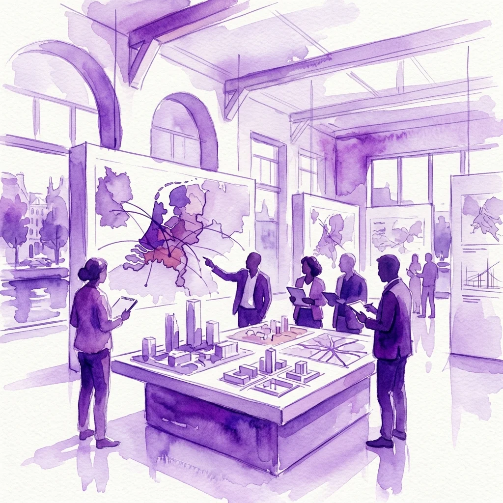 Een paarse aquarelillustratie van een tentoonstellingsruimte met mensen die architecturale modellen en kaarten bekijken, die het Actieprogramma Ruimtelijk Ontwerp (ARO) initiatief over stedenbouw en geopolitieke thema's vertegenwoordigt.