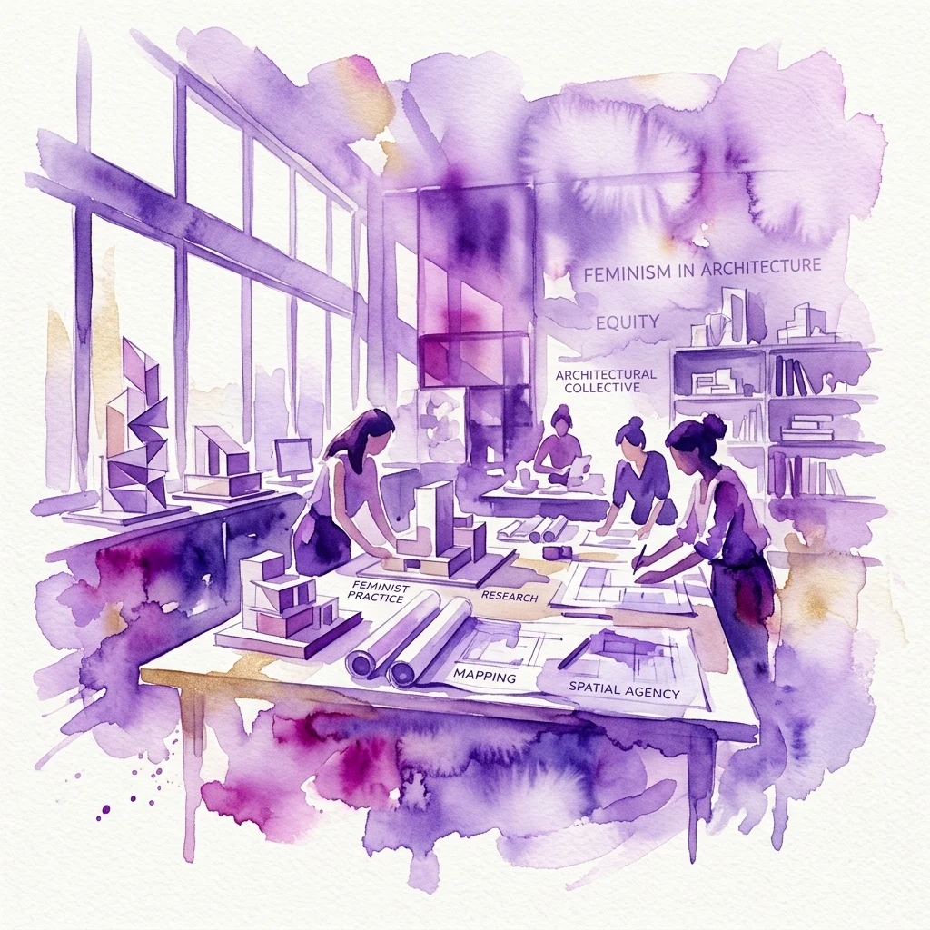 A watercolor illustration of a contemporary architectural studio with women working on blueprints and models, featuring text labels like 'Feminism in Architecture,' 'Feminist Practice,' and 'Spatial Agency,' representing research on feminist spatial practice.