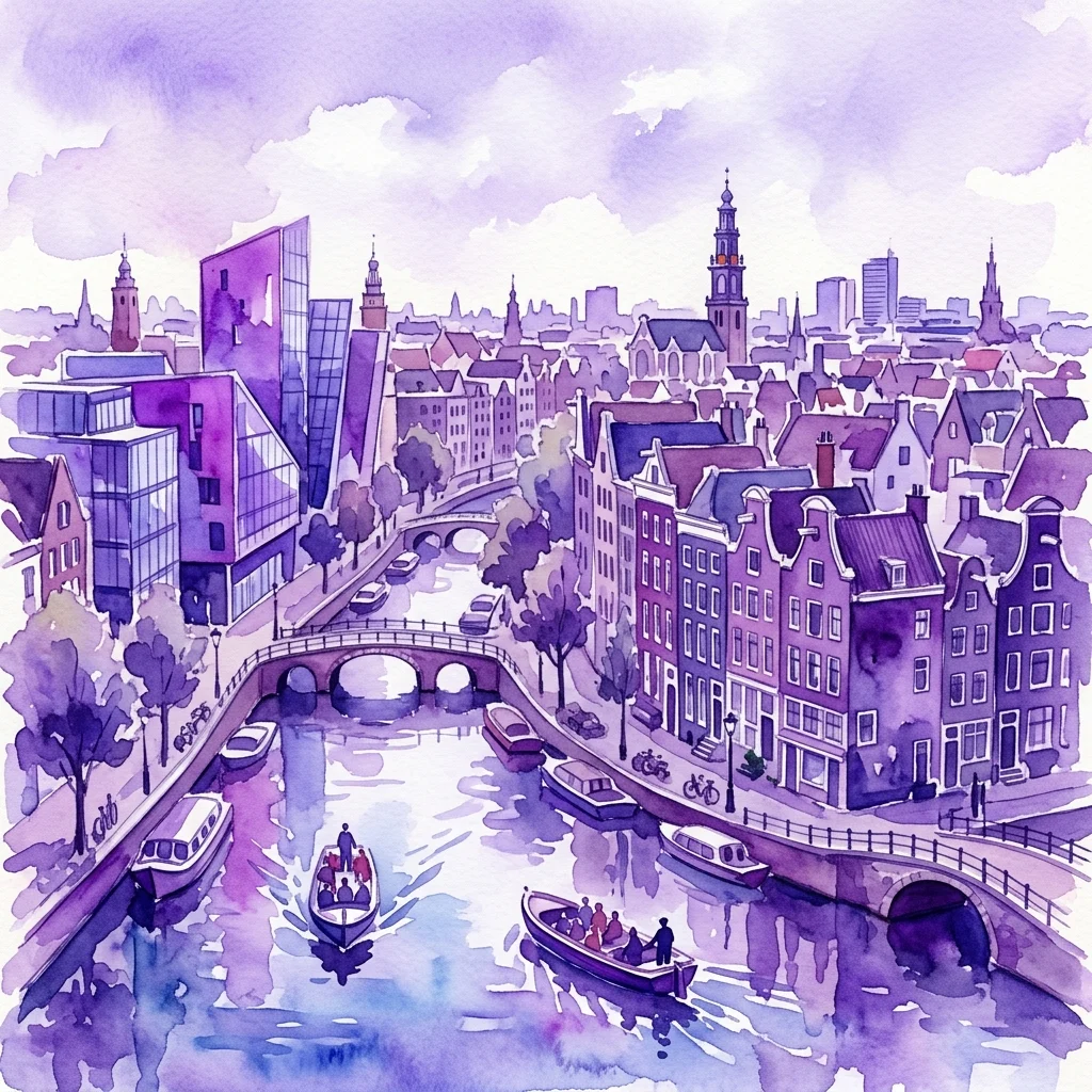 Ilustración en acuarela de una escena de canal de Ámsterdam con una mezcla de arquitectura histórica y moderna, con barcos en el agua y puentes que conectan las calles.