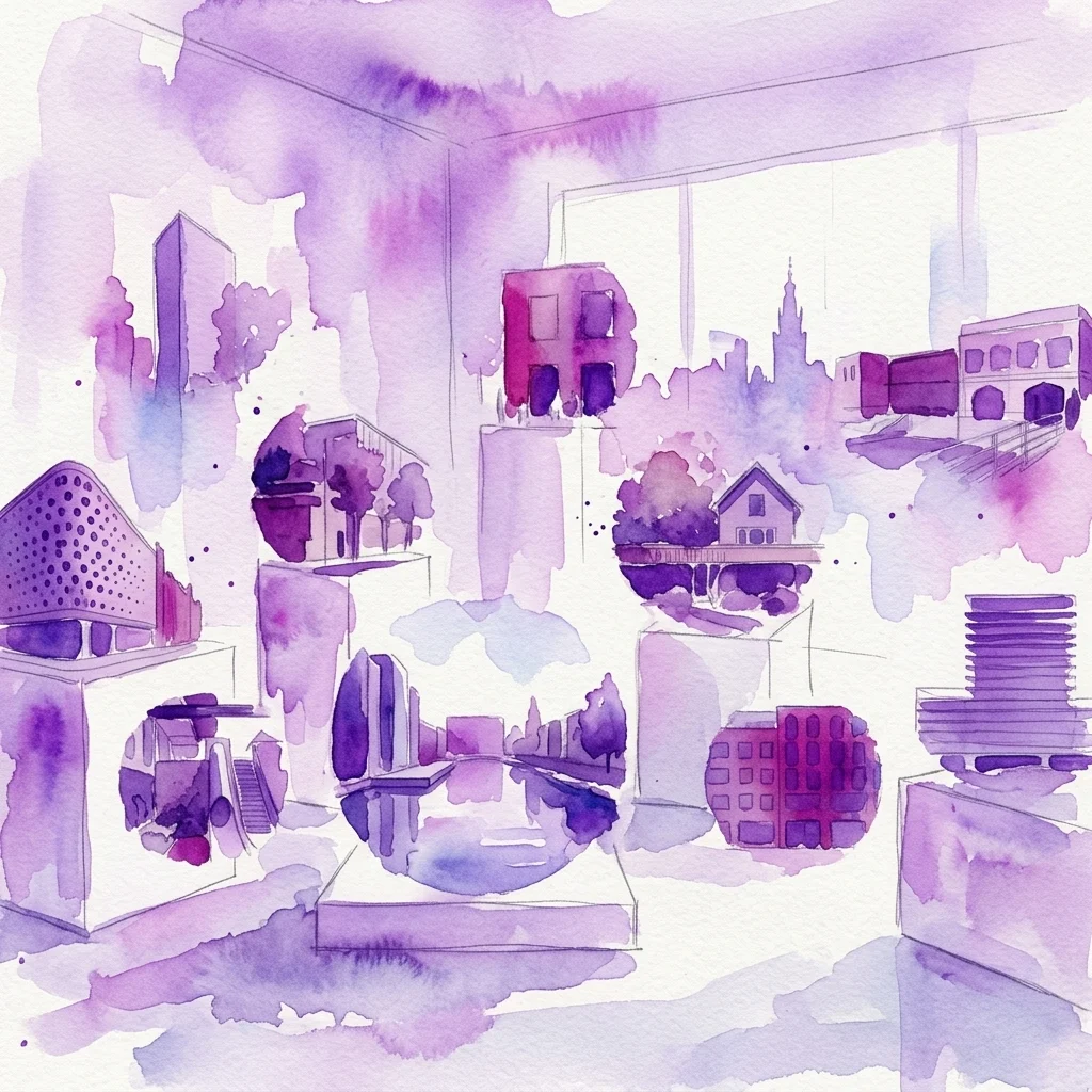 A watercolor illustration of architectural models representing nominated buildings for the Amsterdam Architecture Prize 2026, displayed in a gallery with a city skyline backdrop.