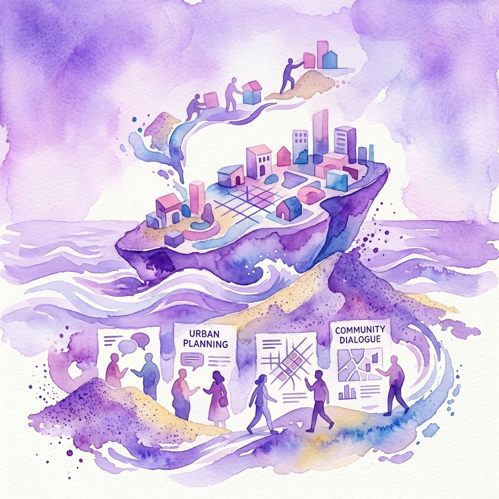 Ilustracja akwarelowa sztucznej wyspy budowanej z piasku i wody, z ludźmi budującymi budynki i dyskutującymi o planowaniu urbanistycznym i dialogu społecznym.