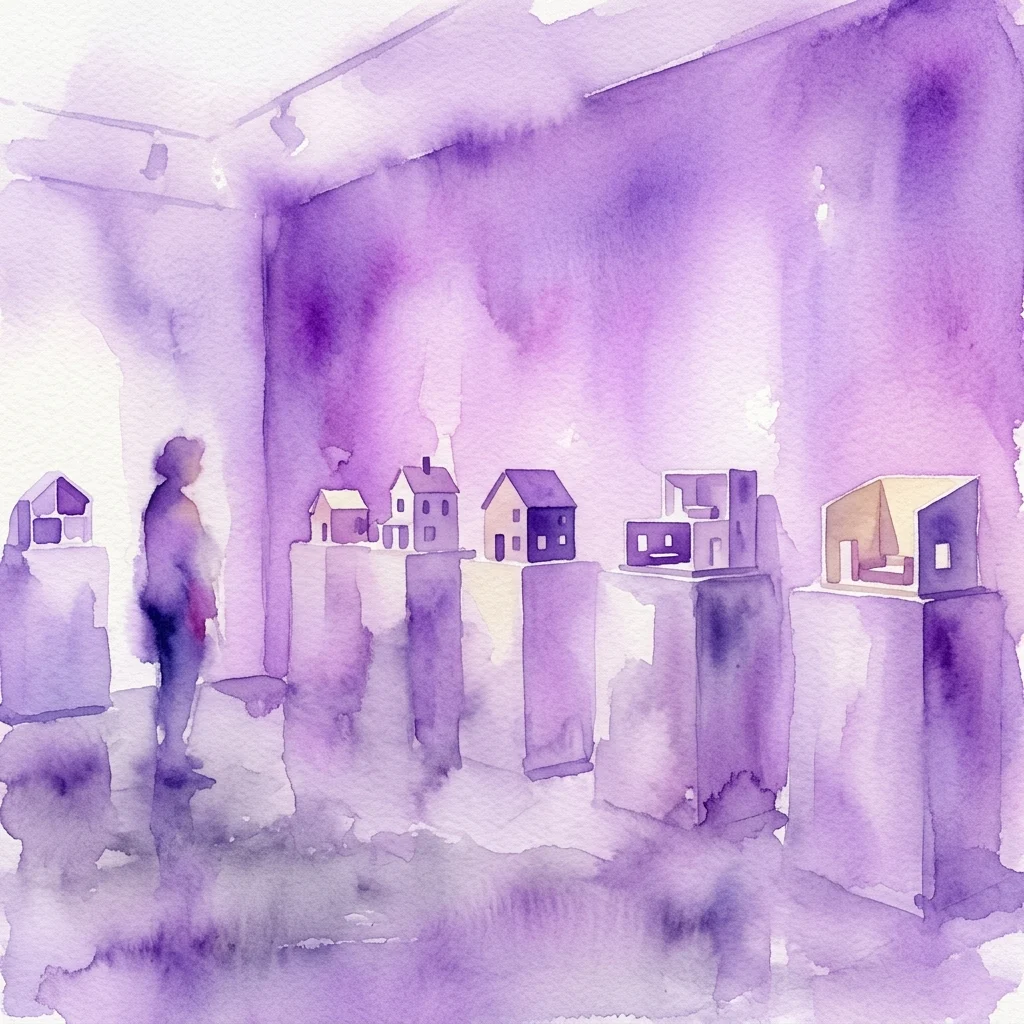 A watercolor illustration of a contemporary art gallery with miniature architectural models on pedestals, bathed in purple light, evoking a reflective atmosphere.