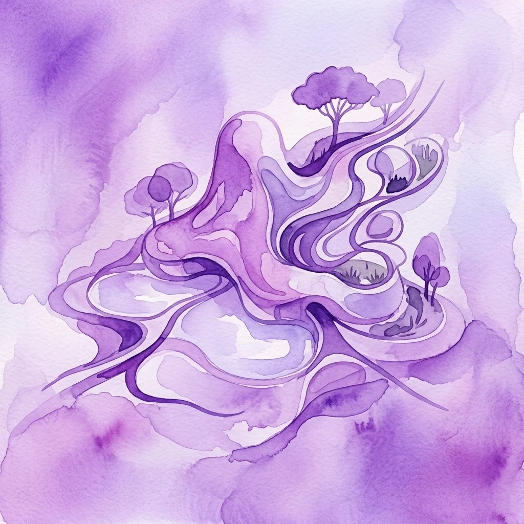 A purple watercolor artwork depicting abstract, flowing landforms with trees, symbolizing resilience and adaptation in a changing world.