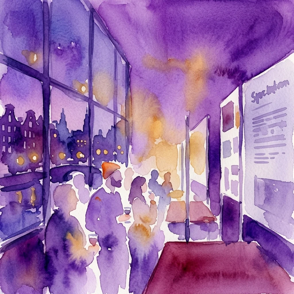 Watercolor illustration of Arcam After Hours event: people socializing with drinks in a gallery with large windows overlooking Amsterdam's cityscape at night.