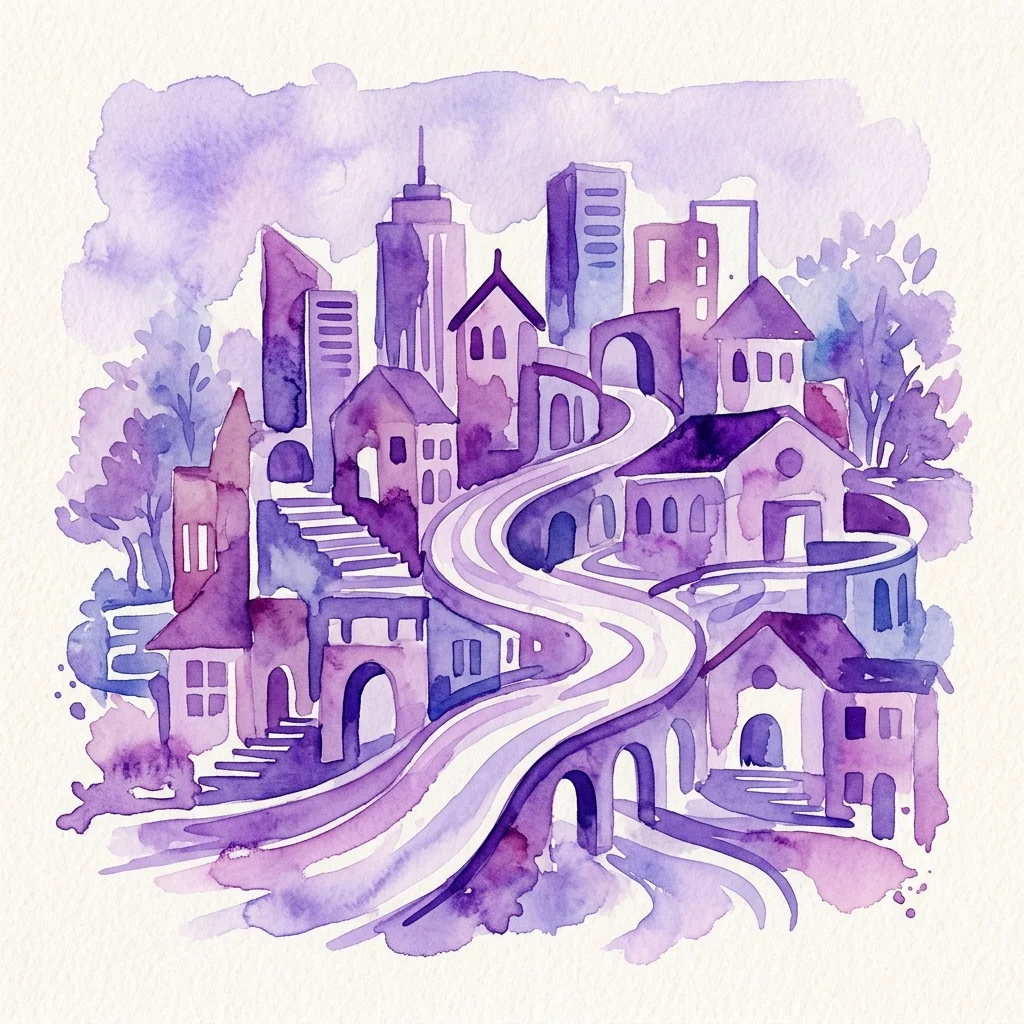 A watercolor illustration of a diverse urban landscape with buildings, pathways, and accessible ramps in purple hues, symbolizing inclusive architecture for all.