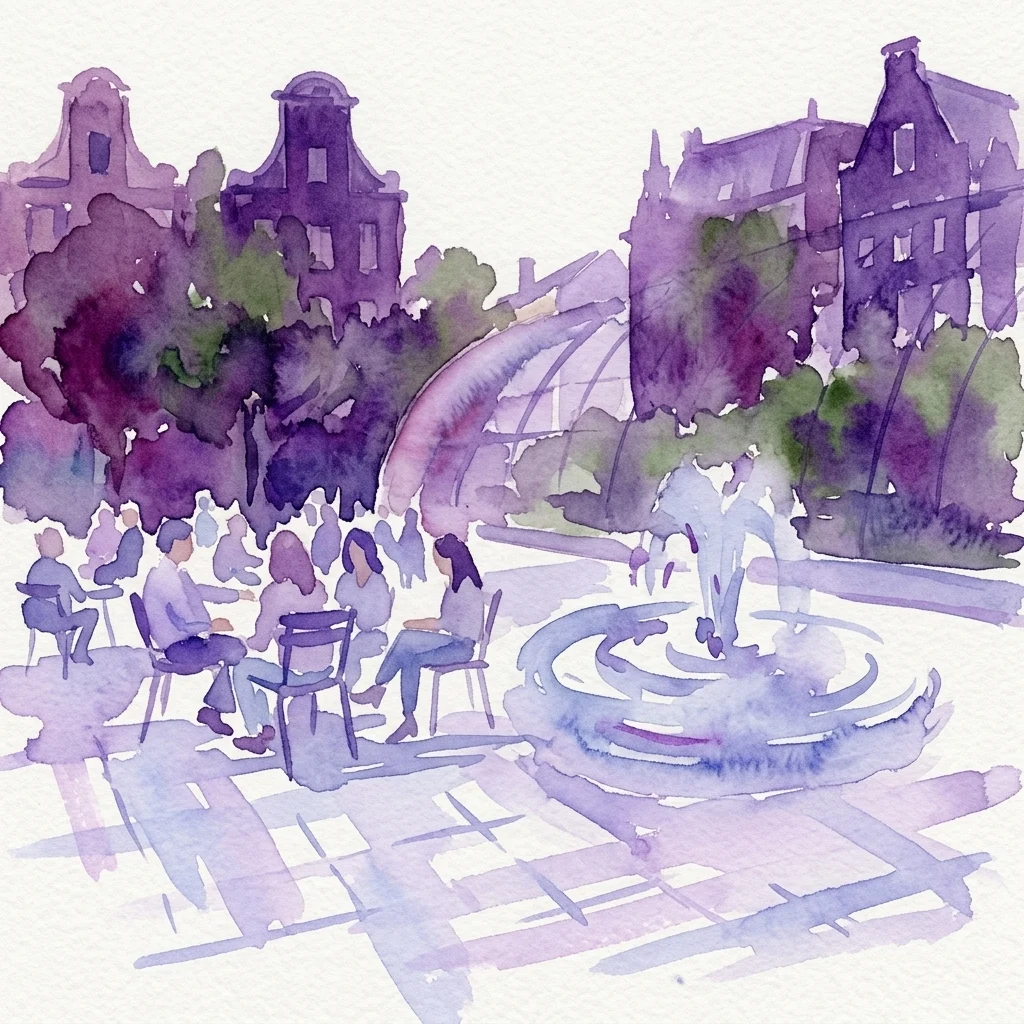 Una ilustración en acuarela de Artisplein en Ámsterdam, con una fuente central, gente descansando en sillas y edificios históricos rodeados de vegetación.