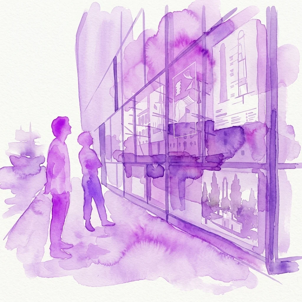 Waterverfillustratie van twee mensen die architecturale tekeningen bekijken in een glazen vitrine, die een tentoonstelling over inclusiviteit en exclusiviteit in stedelijke ruimtes vertegenwoordigt.