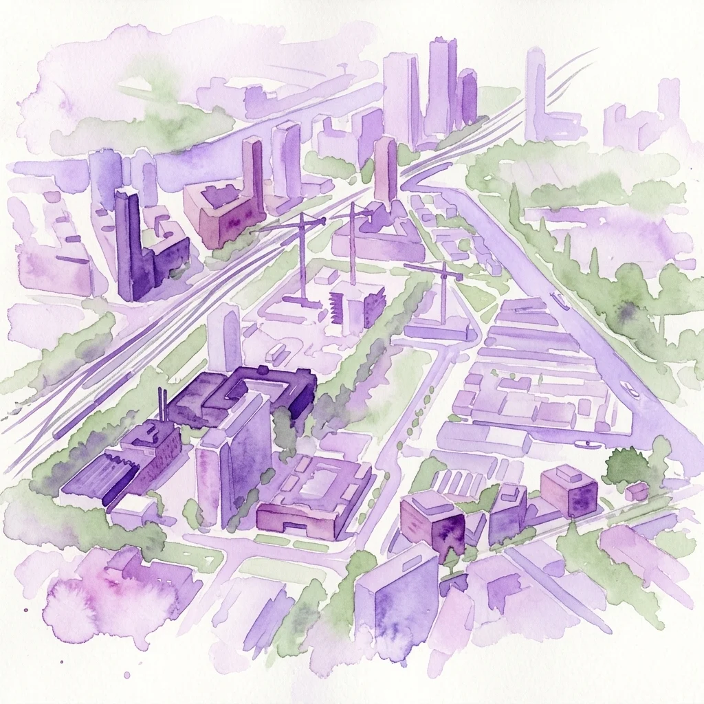 Aerial watercolor illustration of Bajeskwartier, showing the transformation of the former Bijlmerbajes prison into a modern, green urban neighborhood with residential buildings, public spaces, and historical remnants.