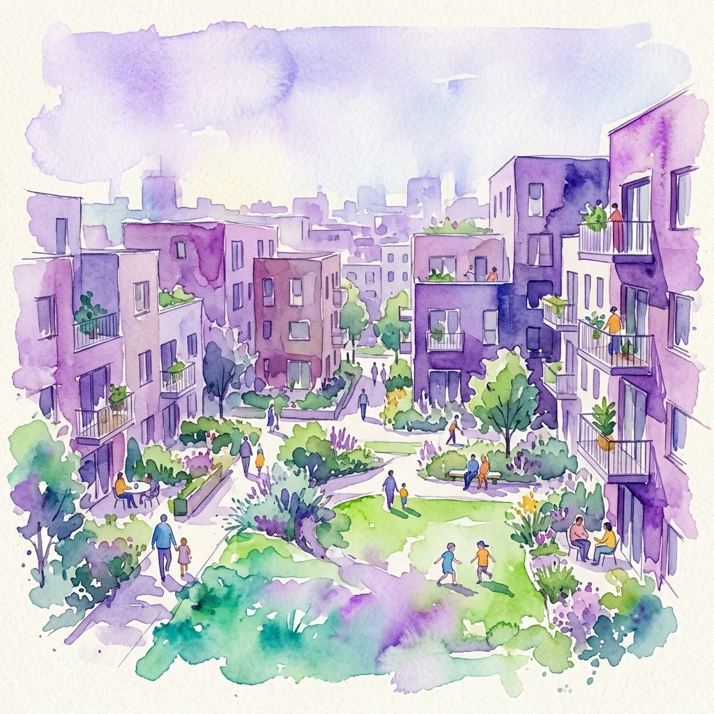 Waterverftekening van een levendige stedelijke groene ruimte omringd door sociale woningbouw, met mensen die genieten van het park en de gemeenschappelijke ruimtes.