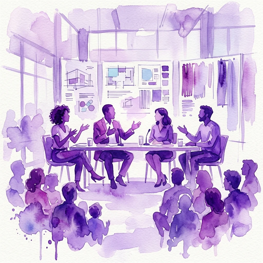 Una ilustración en acuarela de una mesa redonda en Barcam Architects Cafe #18, con cuatro ponentes en una mesa con dibujos arquitectónicos al fondo, rodeados por una audiencia en un espacio interior moderno.