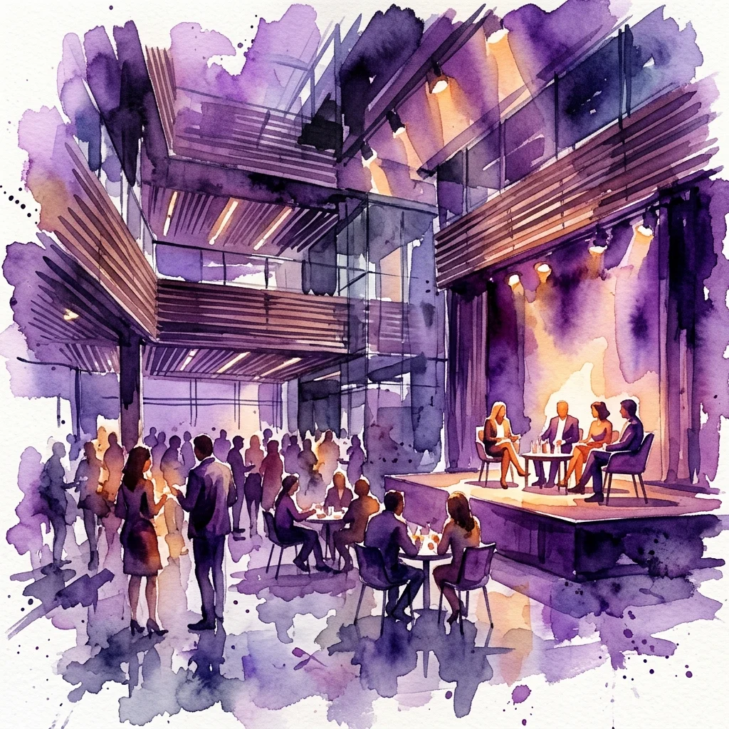 Ilustración en acuarela del interior de un centro de arquitectura moderno con un panel de discusión en el escenario, asistentes en networking y una cálida iluminación que crea un ambiente acogedor.