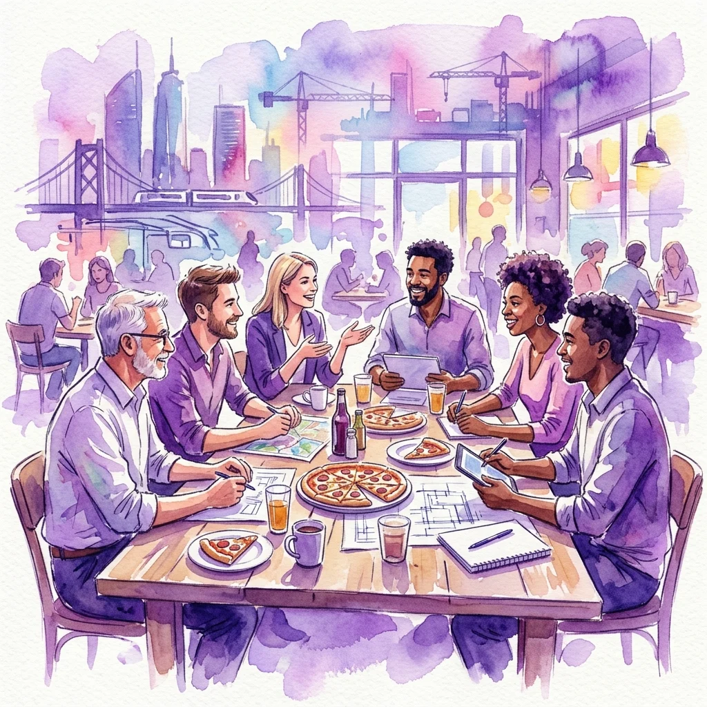 A diverse group of architects and urban planners discuss urban design over pizza and drinks at a cafe, with city infrastructure like bridges and cranes visible in the background.
