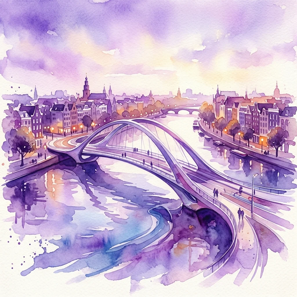A watercolor rendering of a futuristic bridge design spanning the IJ river in Amsterdam, connecting urban neighborhoods with modern architecture and public walkways.