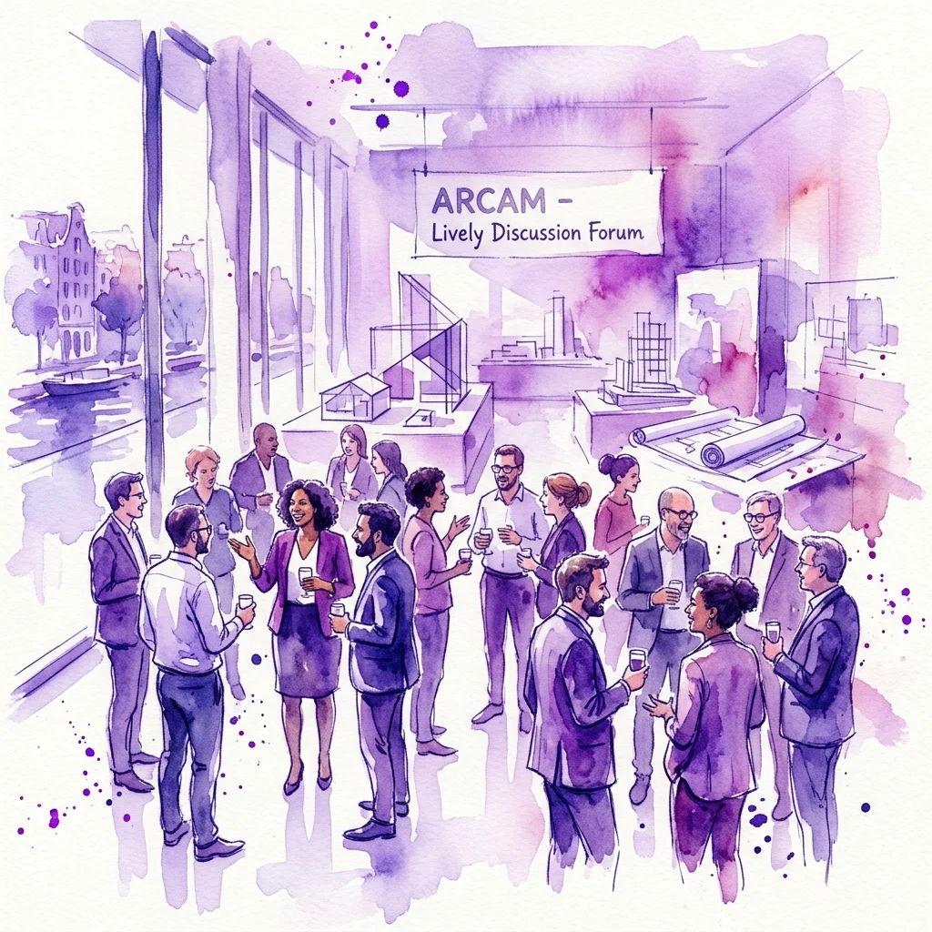 A watercolor illustration of a lively discussion forum at the Amsterdam Centre for Architecture (ARCAM), featuring architects and urban planners networking, with architectural models and blueprints in the background.