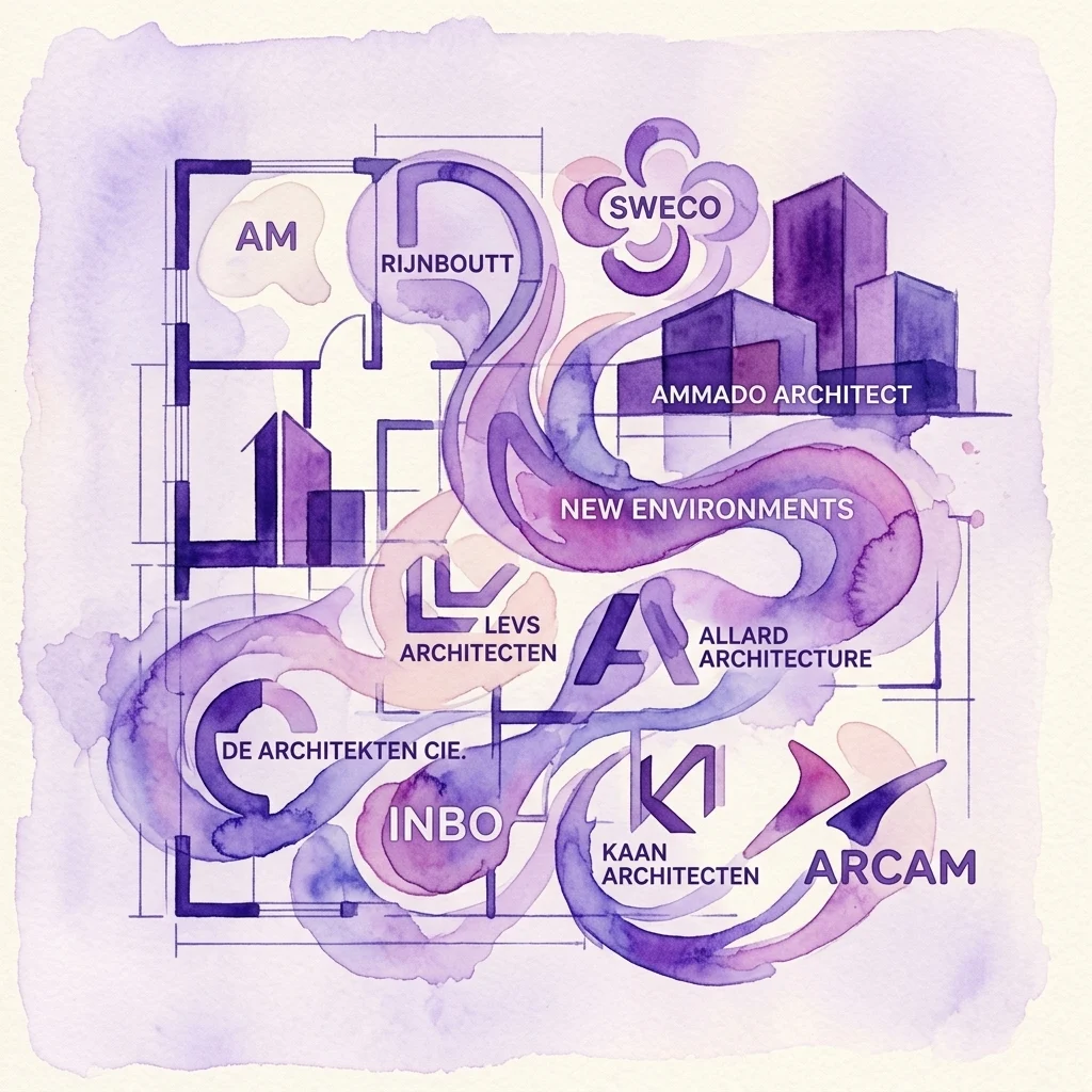 Una ilustración estilizada en acuarela de marca arquitectónica, con logotipos y nombres de firmas como Arcam, Allard Architecture y Sweco superpuestos en planos arquitectónicos estilo blueprint, representando el tema de la marca en la arquitectura.