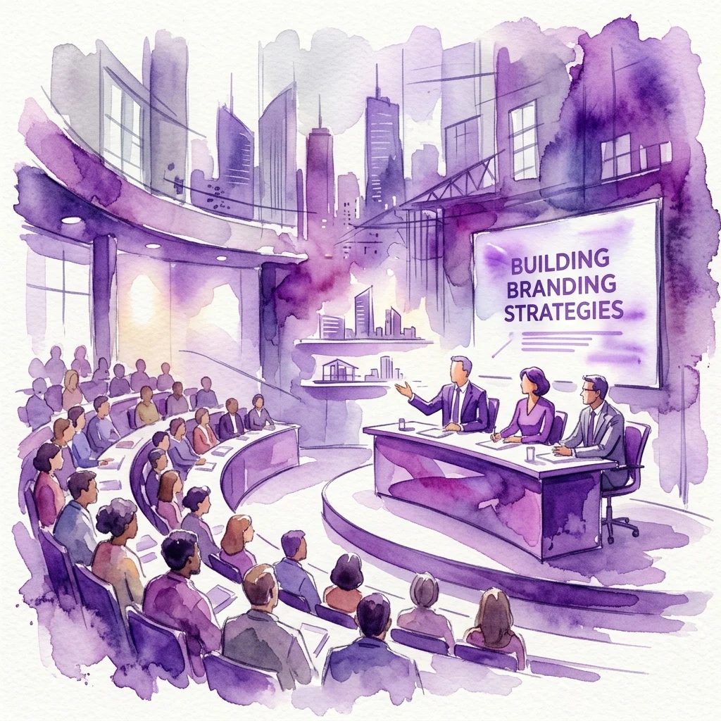 A watercolor illustration of a modern architectural debate hall with a panel discussing building branding strategies, featuring a large screen and audience seating.