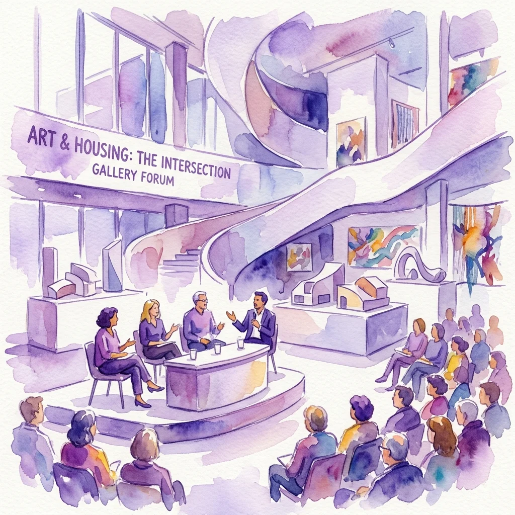 Ilustracja akwarelowa panelu dyskusyjnego na forum galerii 'Art & Housing: The Intersection', z prelegentami na scenie, w tle modele architektoniczne i dzieła sztuki.