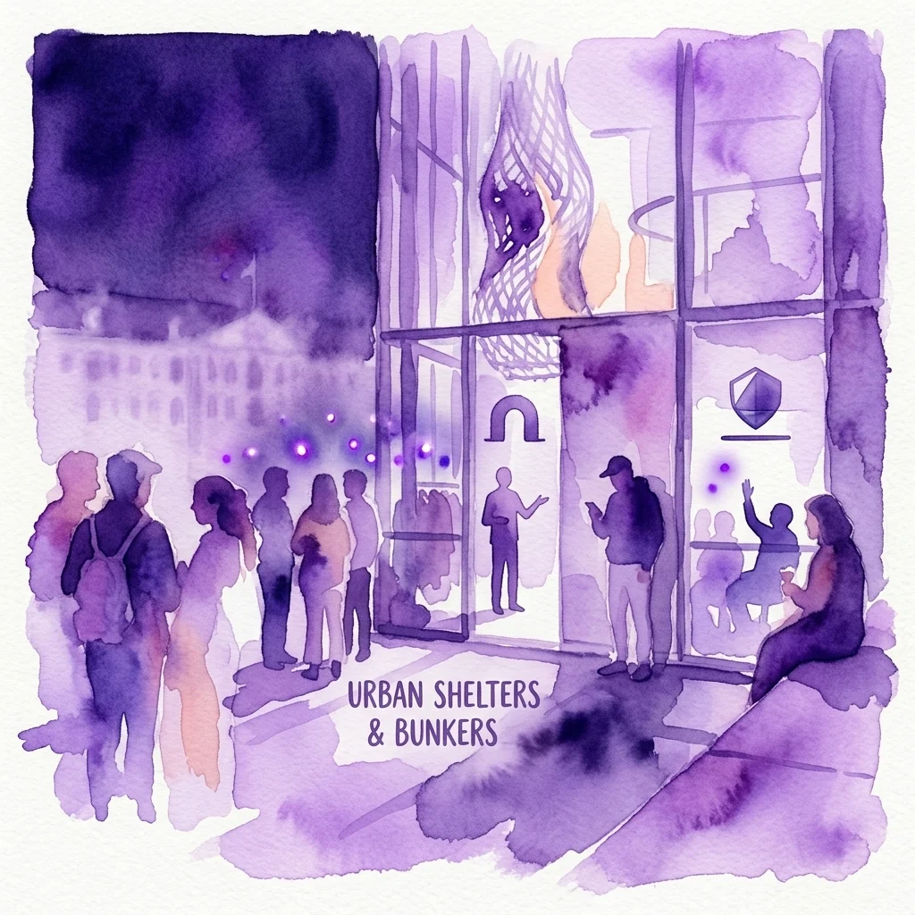 Una ilustración en acuarela de un evento nocturno en un edificio moderno, que muestra a personas reunidas afuera y adentro discutiendo refugios urbanos y búnkeres, con iluminación púrpura y superposición de texto.