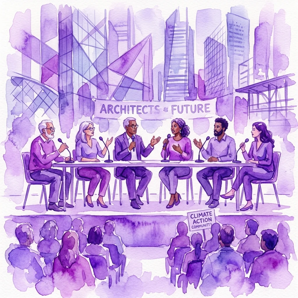 A watercolor illustration of a diverse panel of architects discussing the future of their profession, with a backdrop of modern buildings and a banner reading 'ARCHITECTS & FUTURE'.