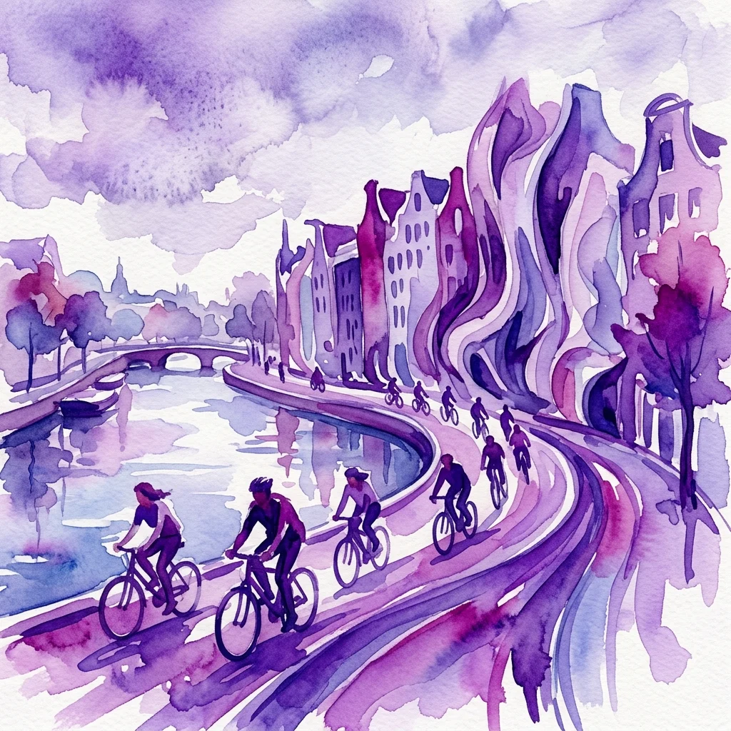 Een aquarelillustratie van een fietstocht langs een gracht in Amsterdam, met fietsers op een kronkelend pad langs sculpturale gebouwen met vloeiende architectonische vormen.