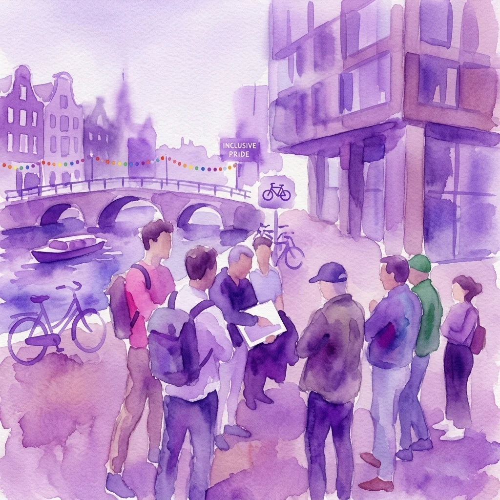 Una ilustración en acuarela de un grupo en un recorrido en bicicleta por Ámsterdam, con banderas arcoíris, un canal y edificios, destacando la arquitectura inclusiva y queer.